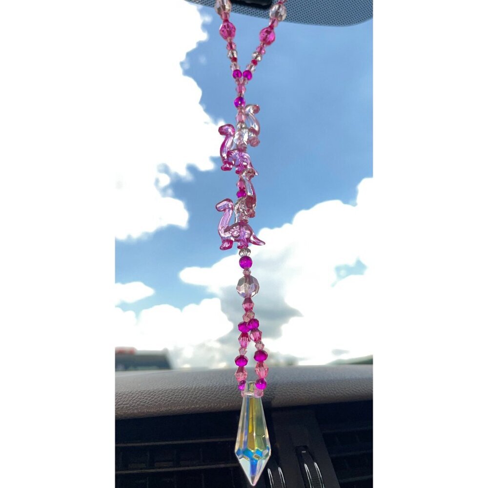 Dinosaur Beaded Suncatcher Rearview Mirror Ornament Pink Crystal Prism Car Charm - Picture 3 of 10